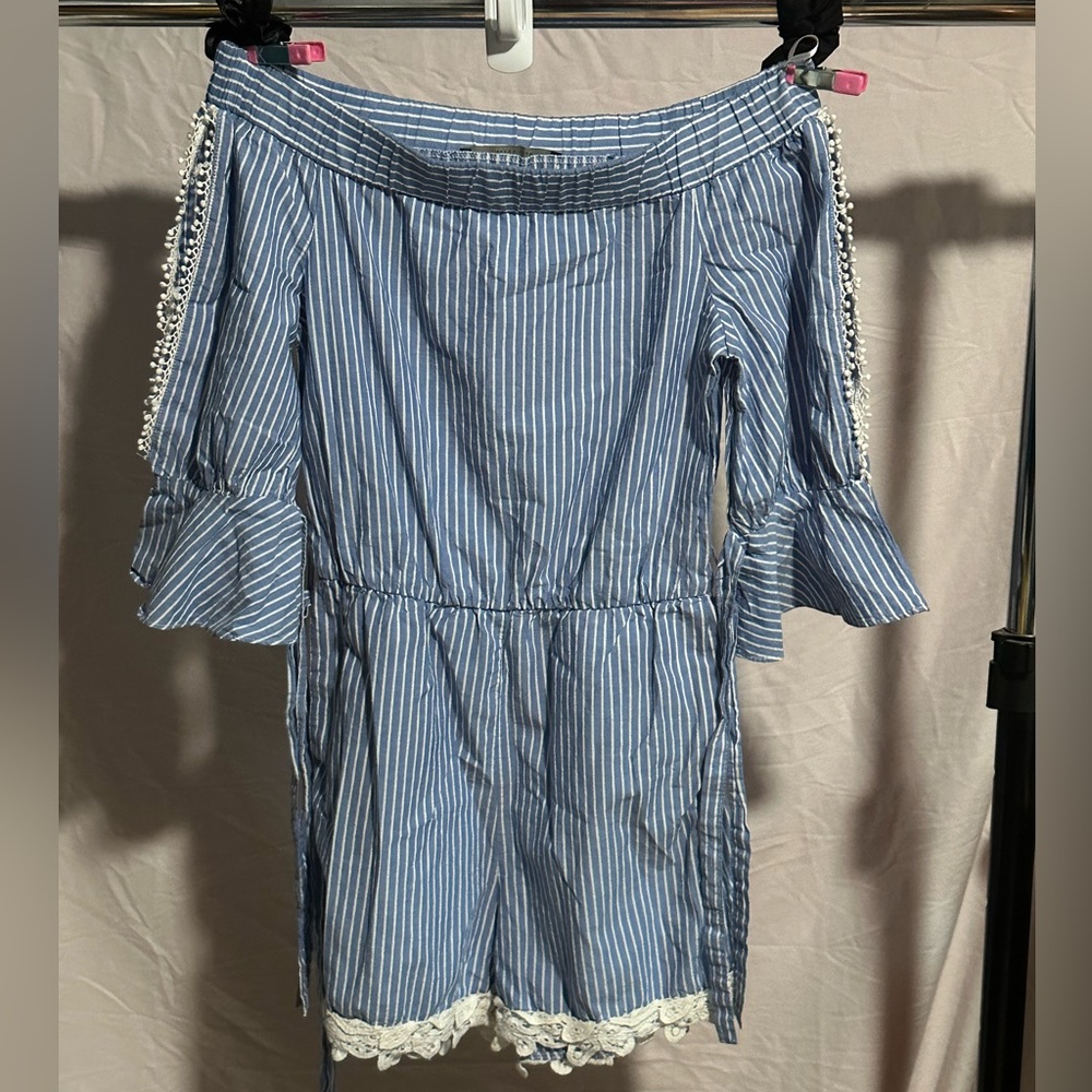 Zara Ruffled Romper Off The Shoulder Stripped White and‎ Blue XS
